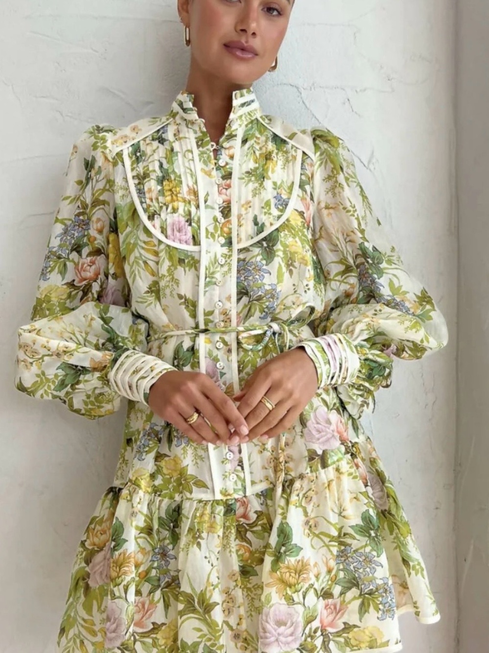 Alemais Floral Ruffle Button-Front Mini Dress in Cream and Green